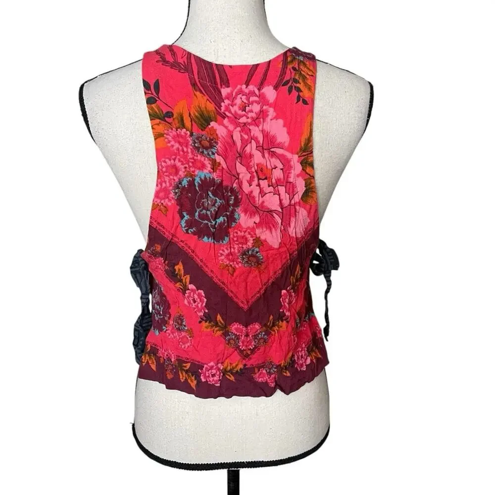 Free People This Sweet Love Top XS Floral Side Tie Scarf Tank Pink Red Boho